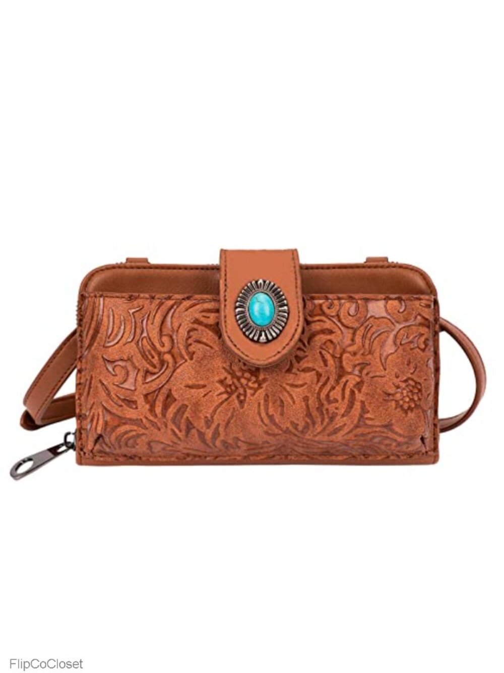 Small Vintage Crossbody Handbag Wallet Turquoise Concho Embossed